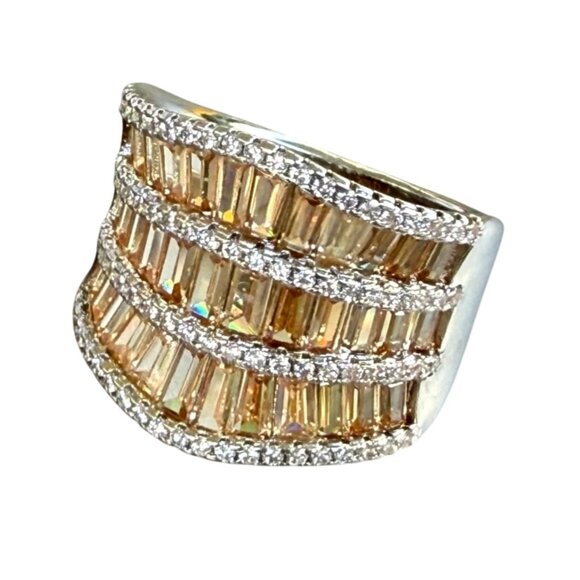 Wide Gold & Silver Tone Statement Ring With Baguette & Round-Cut Crystals 11 - Picture 1 of 8